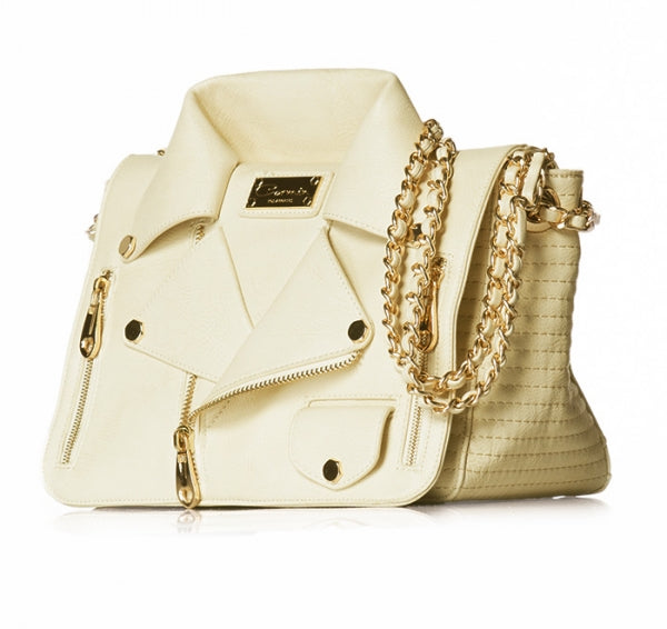 Elegant Cream Leather Motorcycle Jacket Handbag